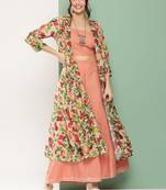 Peach Print Cotton Blend Flared Kurta Set