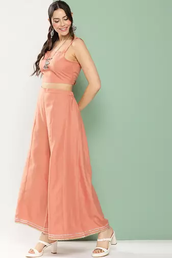 Peach Print Cotton Blend Flared Kurta Set