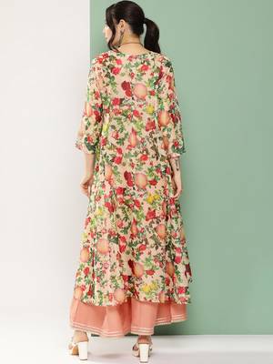 Peach Print Cotton Blend Flared Kurta Set 4