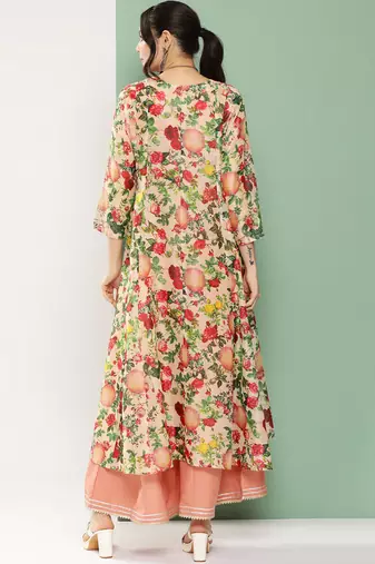 Peach Print Cotton Blend Flared Kurta Set
