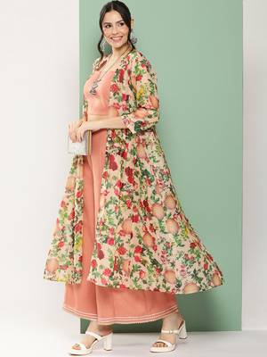 Peach Print Cotton Blend Flared Kurta Set 5