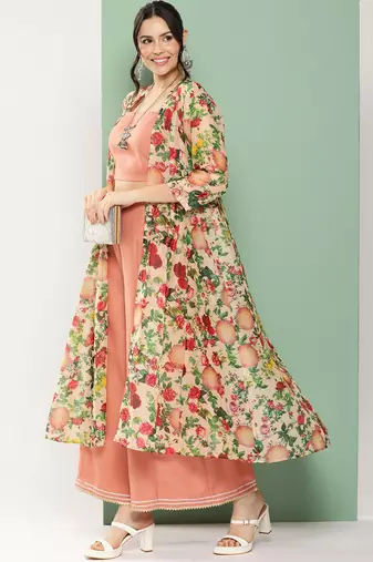 Peach Print Cotton Blend Flared Kurta Set