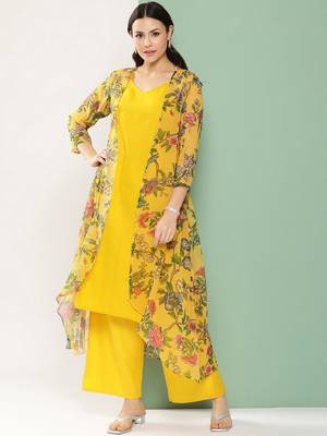 Mustard Print Cotton Blend Straight Kurta Set 1