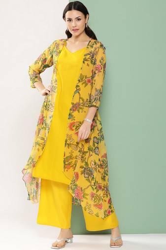 Mustard Print Cotton Blend Straight Kurta Set