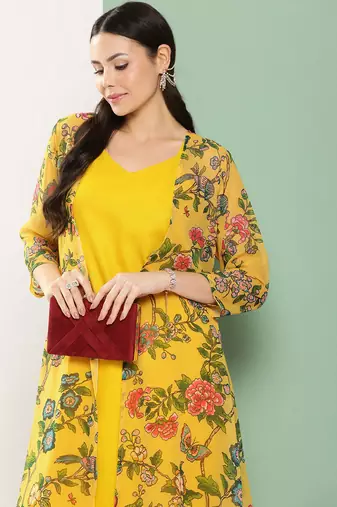 Mustard Print Cotton Blend Straight Kurta Set