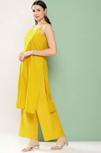 Mustard Print Cotton Blend Straight Kurta Set