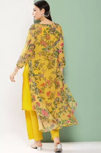 Mustard Print Cotton Blend Straight Kurta Set
