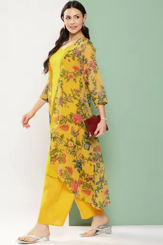 Mustard Print Cotton Blend Straight Kurta Set