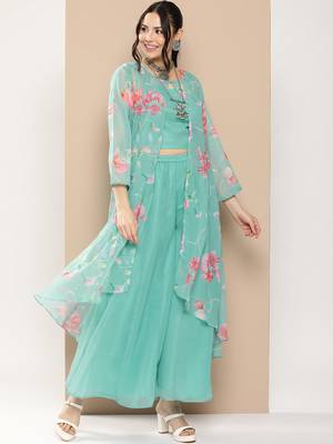 Blue Print Poly georgette Flared Kurta Set 1