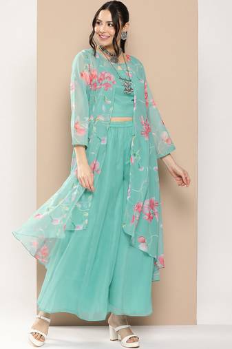 Blue Print Poly georgette Flared Kurta Set