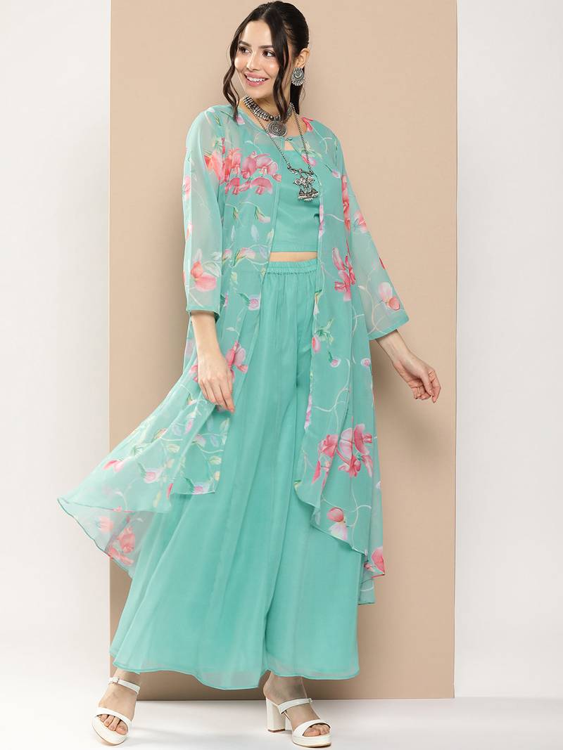 Blue Print Poly georgette Flared Kurta Set