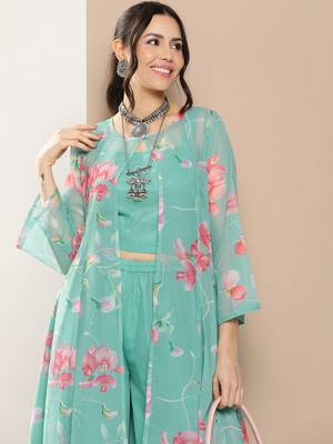 Blue Print Poly georgette Flared Kurta Set 2