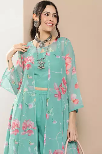 Blue Print Poly georgette Flared Kurta Set