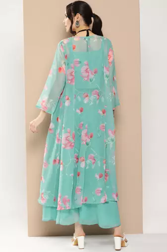 Blue Print Poly georgette Flared Kurta Set