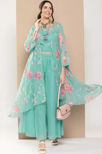 Blue Print Poly georgette Flared Kurta Set
