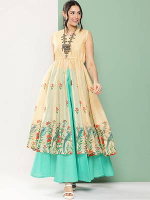 Beige Print Cotton Blend Kurta Set 1