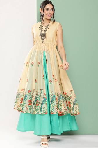 Beige Print Cotton Blend Kurta Set