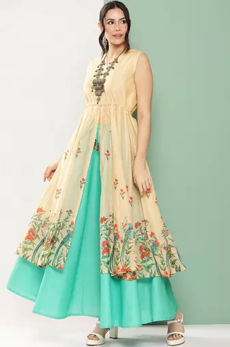 Beige Print Cotton Blend Kurta Set