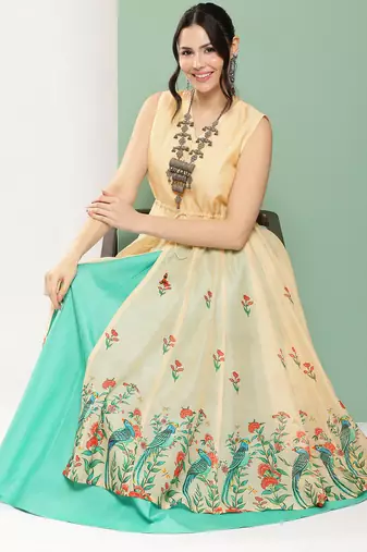 Beige Print Cotton Blend Kurta Set