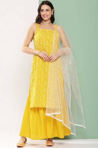 Yellow Embroidered Poly georgette Kurta Set