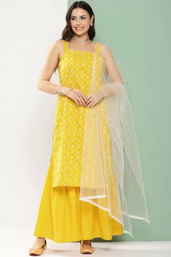 Yellow Embroidered Poly georgette Kurta Set