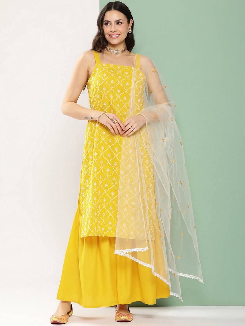 Yellow Embroidered Poly georgette Kurta Set