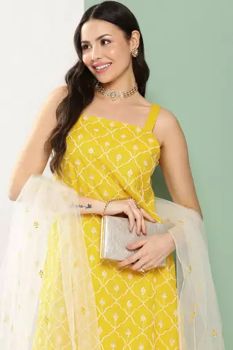 Yellow Embroidered Poly georgette Kurta Set