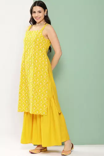 Yellow Embroidered Poly georgette Kurta Set