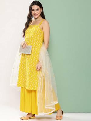 Yellow Embroidered Poly georgette Kurta Set 5