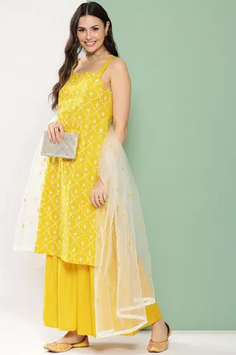 Yellow Embroidered Poly georgette Kurta Set