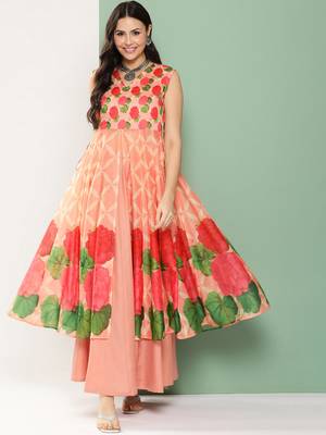 Peach Print Cotton Blend Kurta Set 1