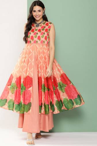Peach Print Cotton Blend Kurta Set