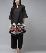 Black Print Cotton Blend Flared Kurta Set
