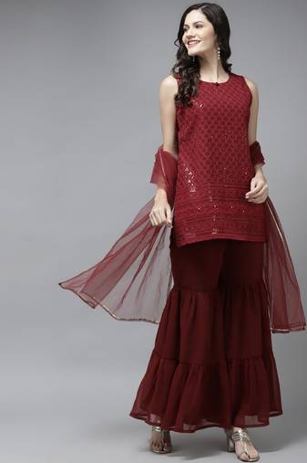 Maroon Embroidered Poly georgette Straight Kurta Set