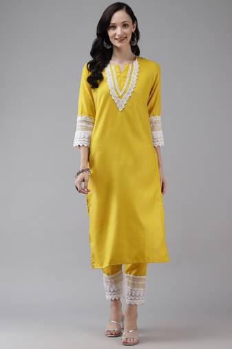 Yellow Lace Detail Cotton Blend Straight Kurta Set