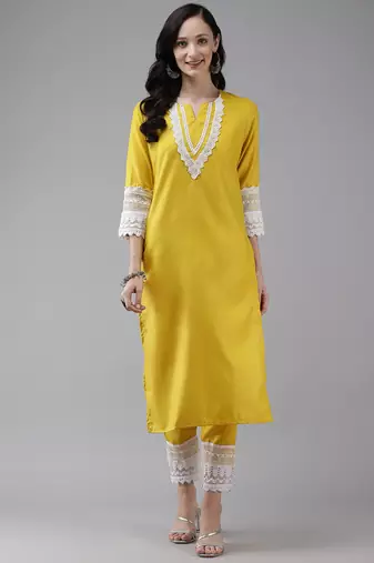 Yellow Lace Detail Cotton Blend Straight Kurta Set