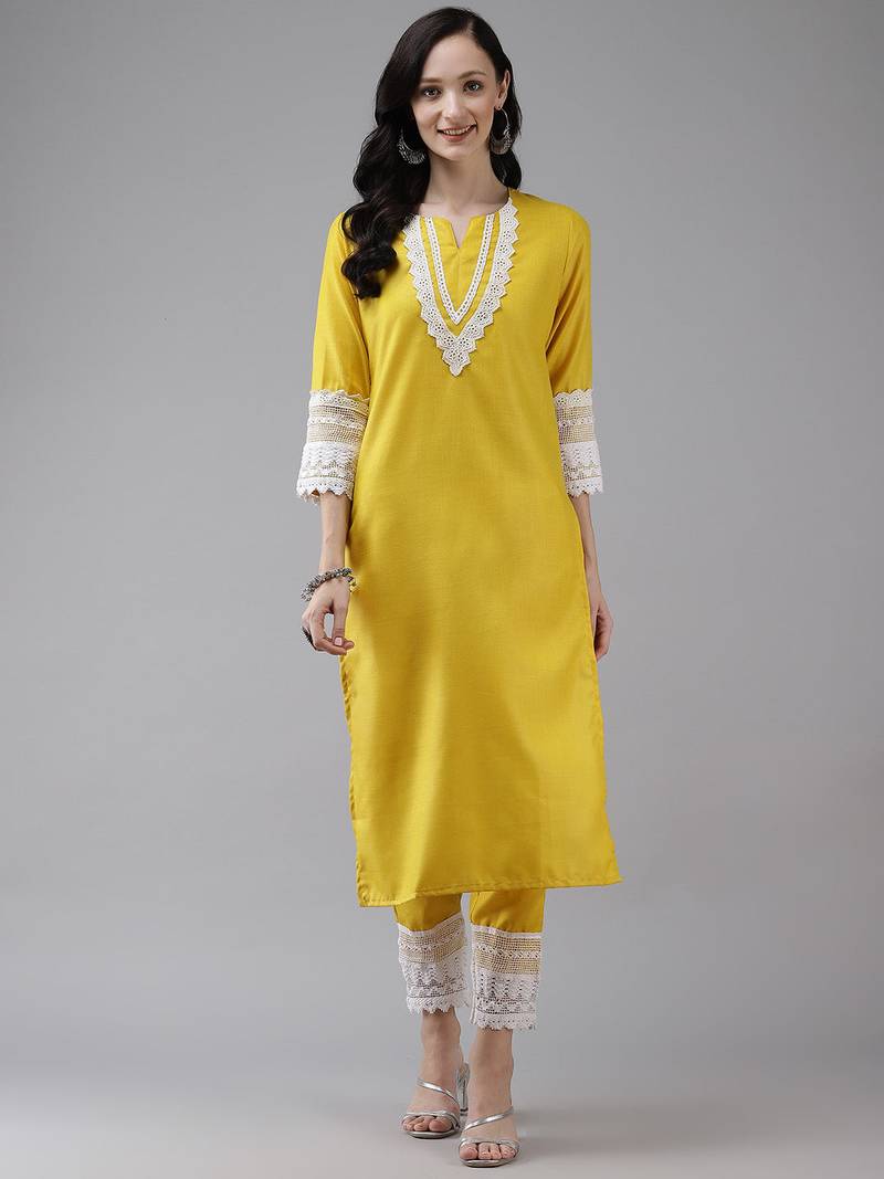 Yellow Lace Detail Cotton Blend Straight Kurta Set