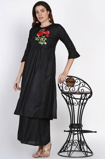 Black Embroidered Cotton Blend Flared Kurta Set