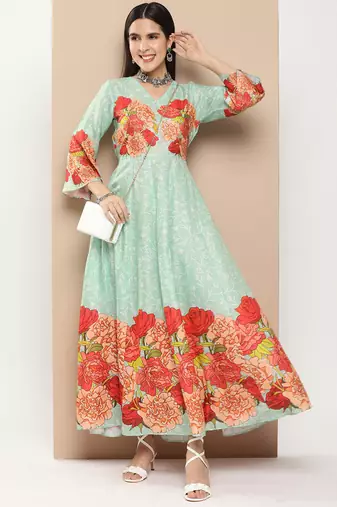 Green Print Cotton Flared Dress