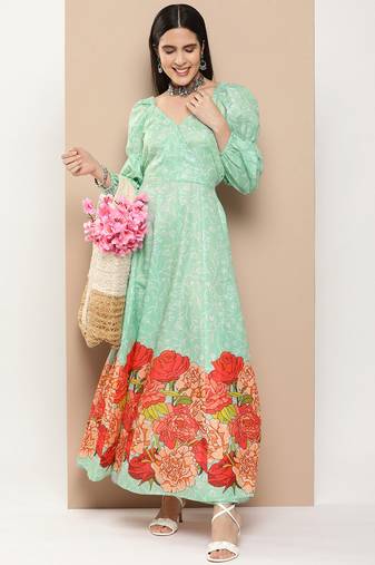 Green Print Cotton Flared Dress