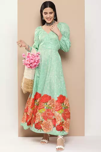 Green Print Cotton Flared Dress