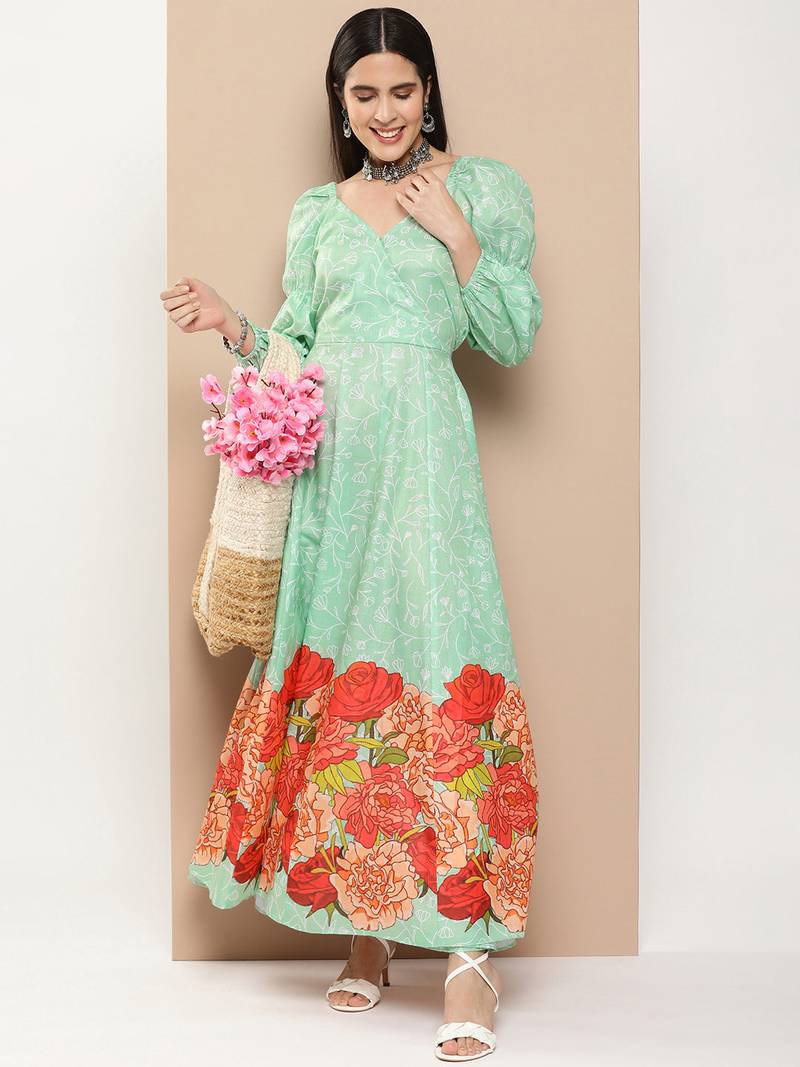 Green Print Cotton Flared Dress