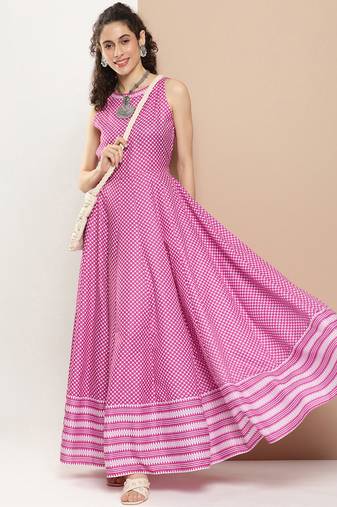 Pink Print Cotton Flared Dress