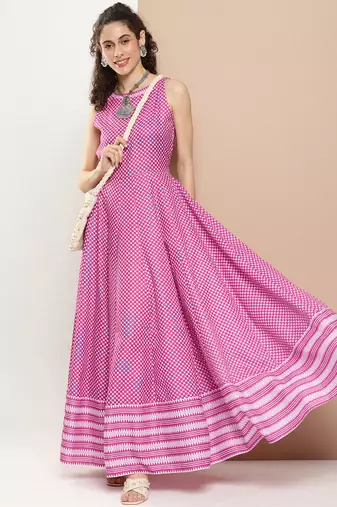 Pink Print Cotton Flared Dress