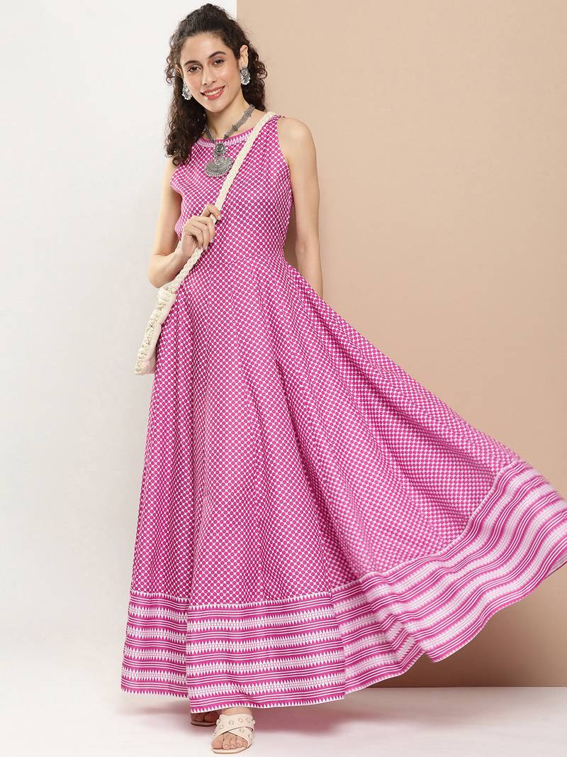 Pink Print Cotton Flared Dress