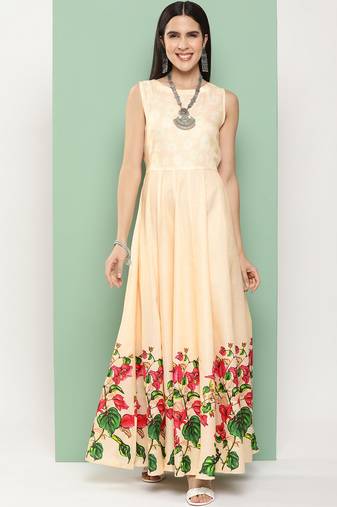 Beige Print Cotton Flared Dress