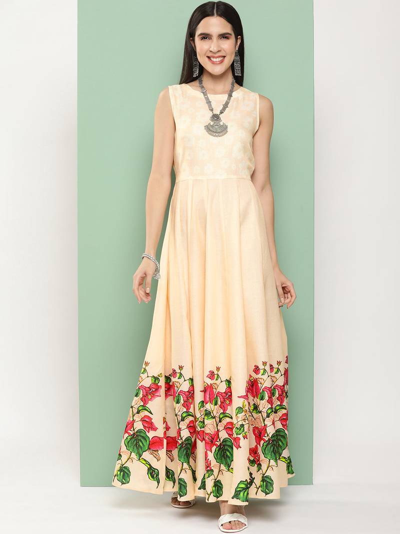 Beige Print Cotton Flared Dress