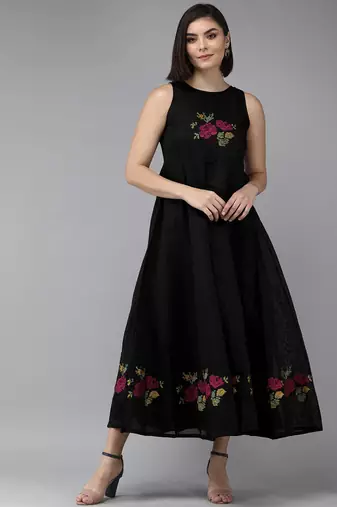 Black Embroidered Chanderi Silk Flared Dress
