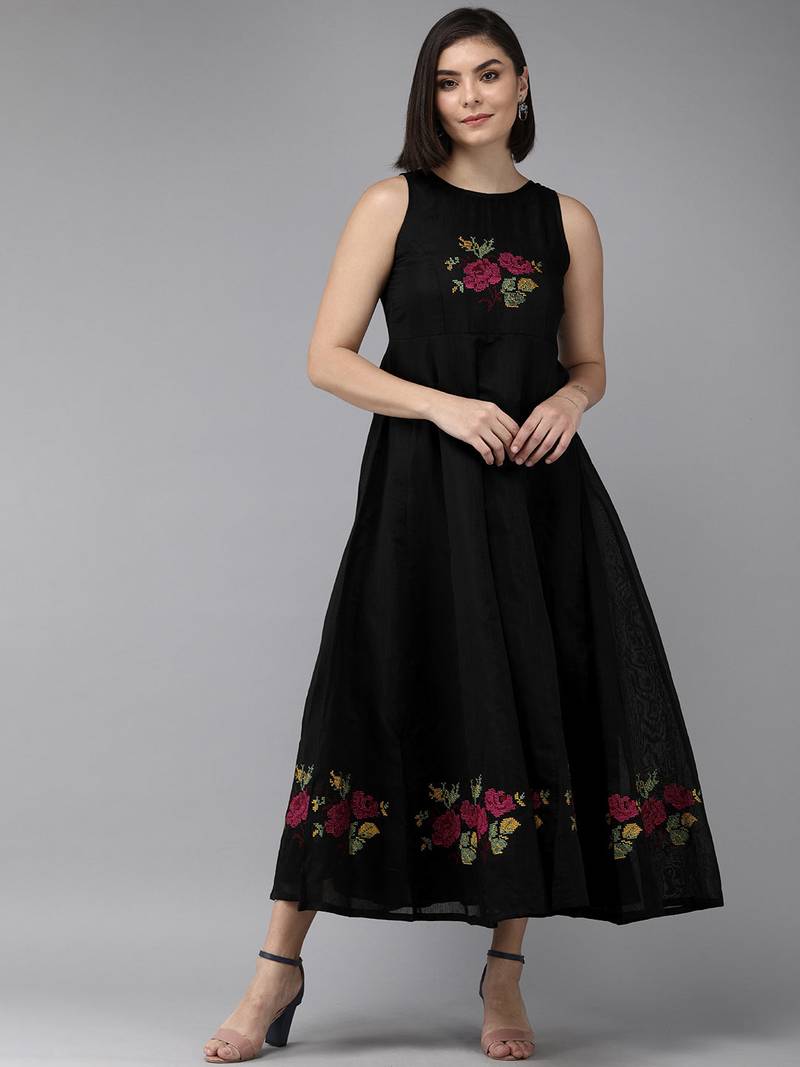 Black Embroidered Chanderi Silk Flared Dress
