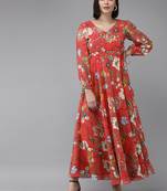 Red Print Georgette Flared Dress